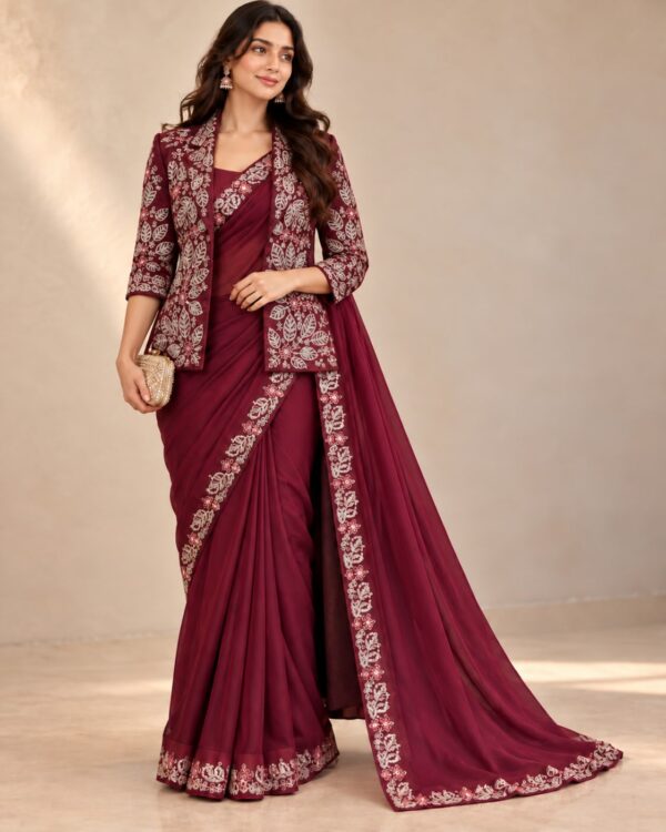 Space Silk Saree with Blouse & Embroidered Overcoat Party Wear 4 Colors - Image 1