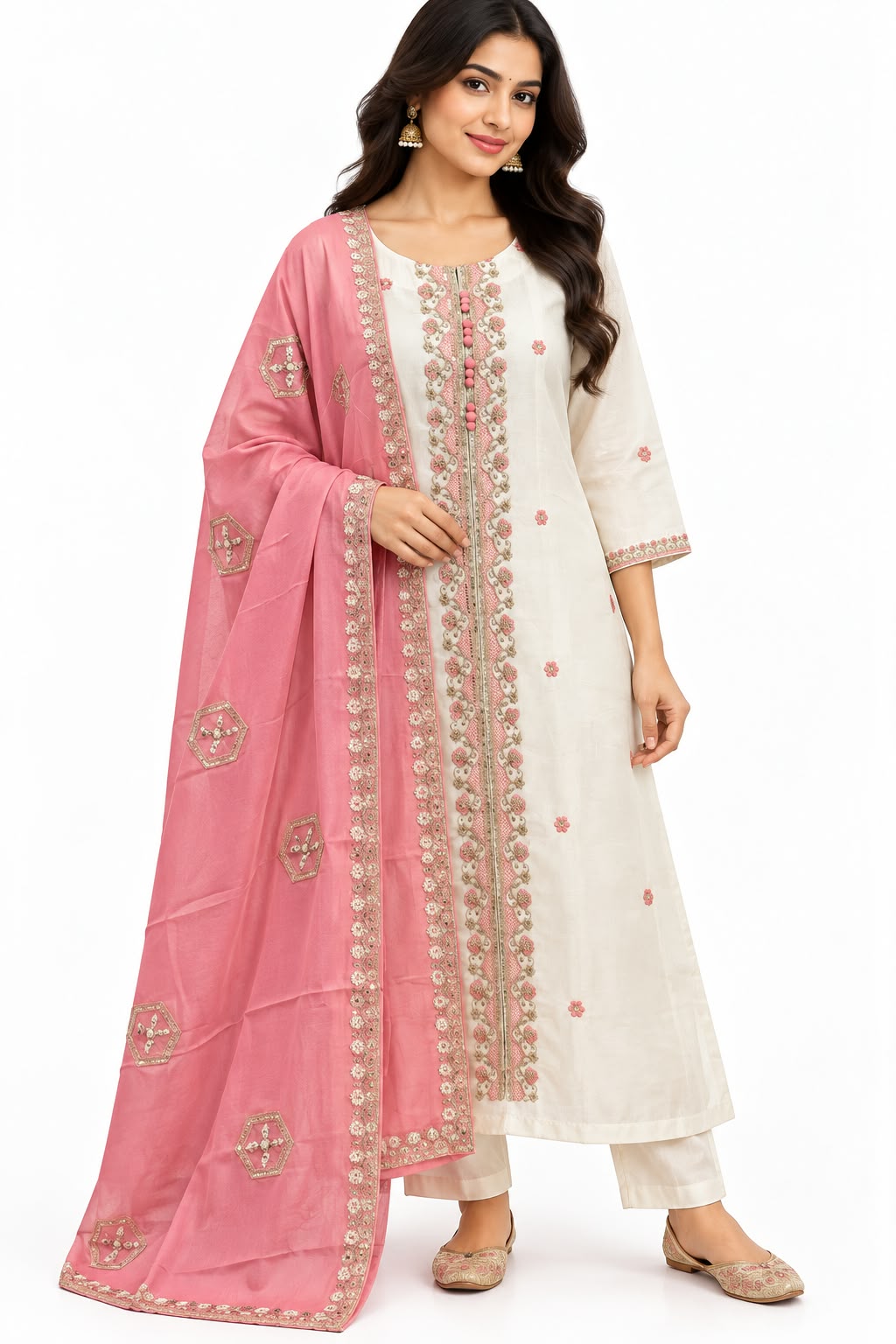 White & Pink 3 Piece Indian Salwar Suit Embroidered Kurta Dupatta Ethnic Wear - Image 1