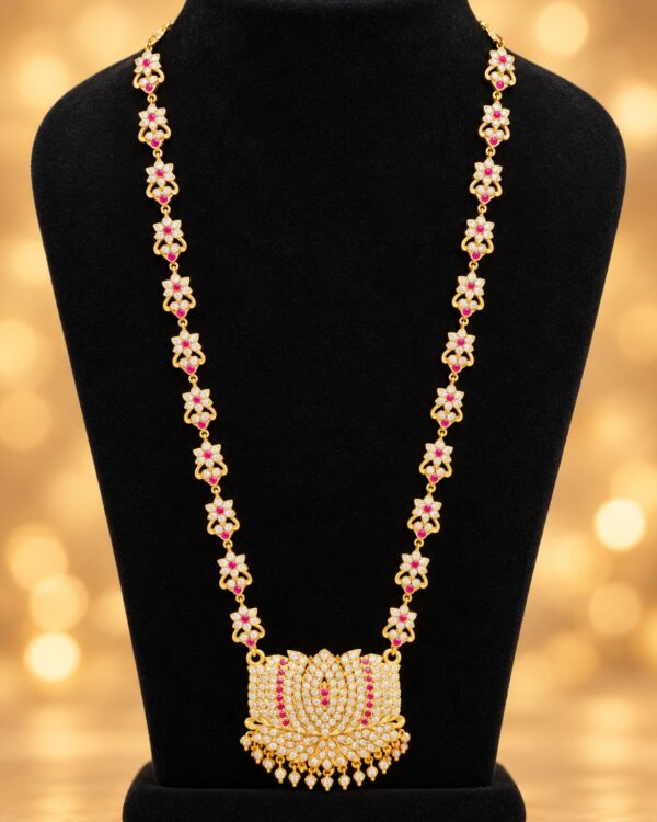 Traditional Lotus Haram Long Necklace Pink White Stone Gold Tone Indian Jewellery - Image 2