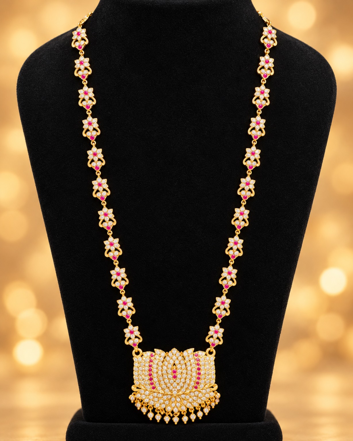 Traditional Lotus Haram Long Necklace Pink White Stone Gold Tone Indian Jewellery - Image 2