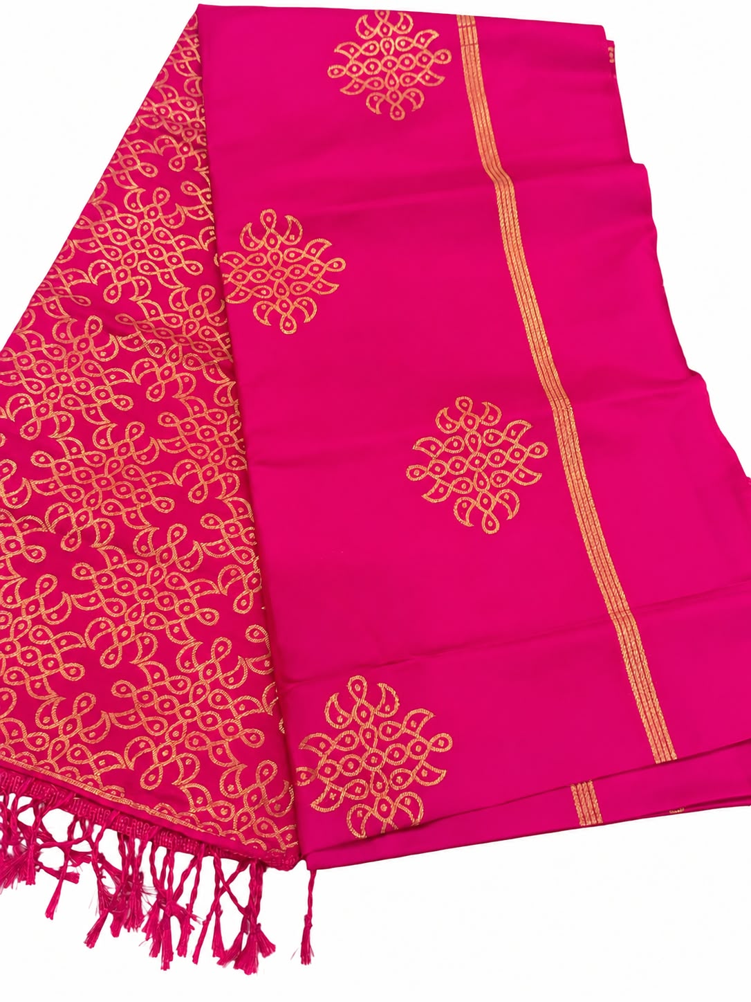 Kolam Design Soft Silk Saree Gold Motif Border Pallu Indian Ethnic Wear - Image 3