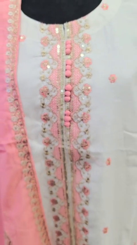 White & Pink 3 Piece Indian Salwar Suit Embroidered Kurta Dupatta Ethnic Wear - Image 5