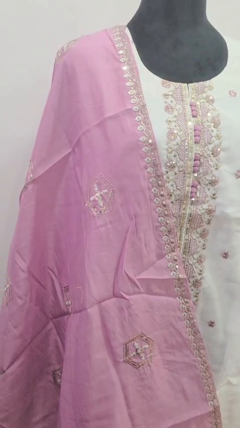 Cream Embroidered 3 Piece Salwar Suit with Purple Dupatta Indian Ethnic Wear - Image 4