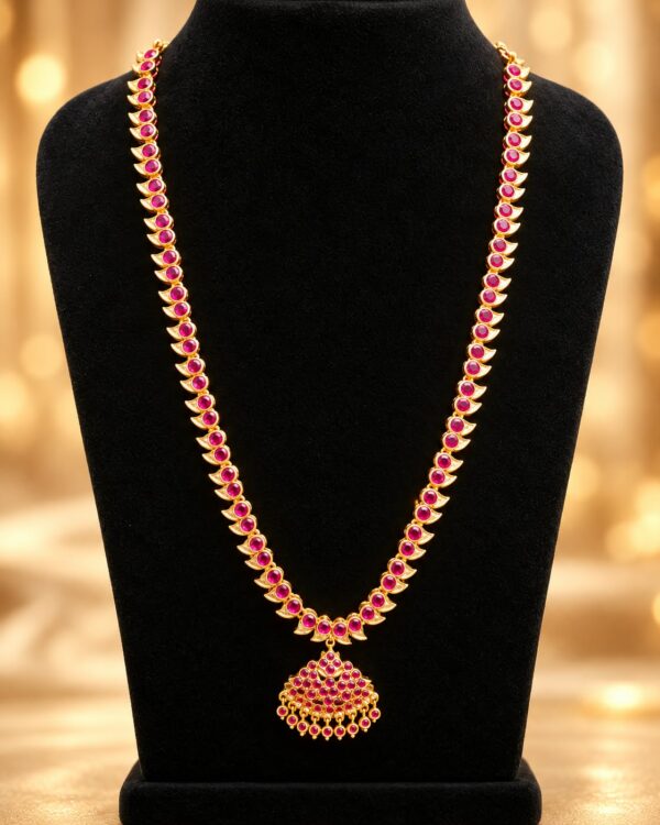 Traditional Pink Impon Haram Long Necklace Gold Tone Temple Jewellery - Image 2