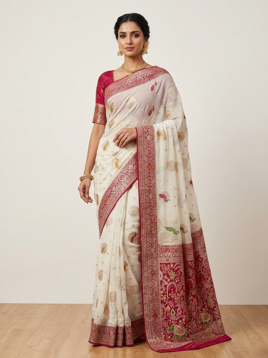 Fendy Jharkhan Saree Cream Magenta Zari Border Peacock Design Wedding Party Wear - Image 1
