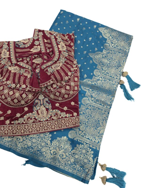 Banarasi Silk Saree with Heavy Embroidered Stitched Blouse Wedding Party Wear - Image 5