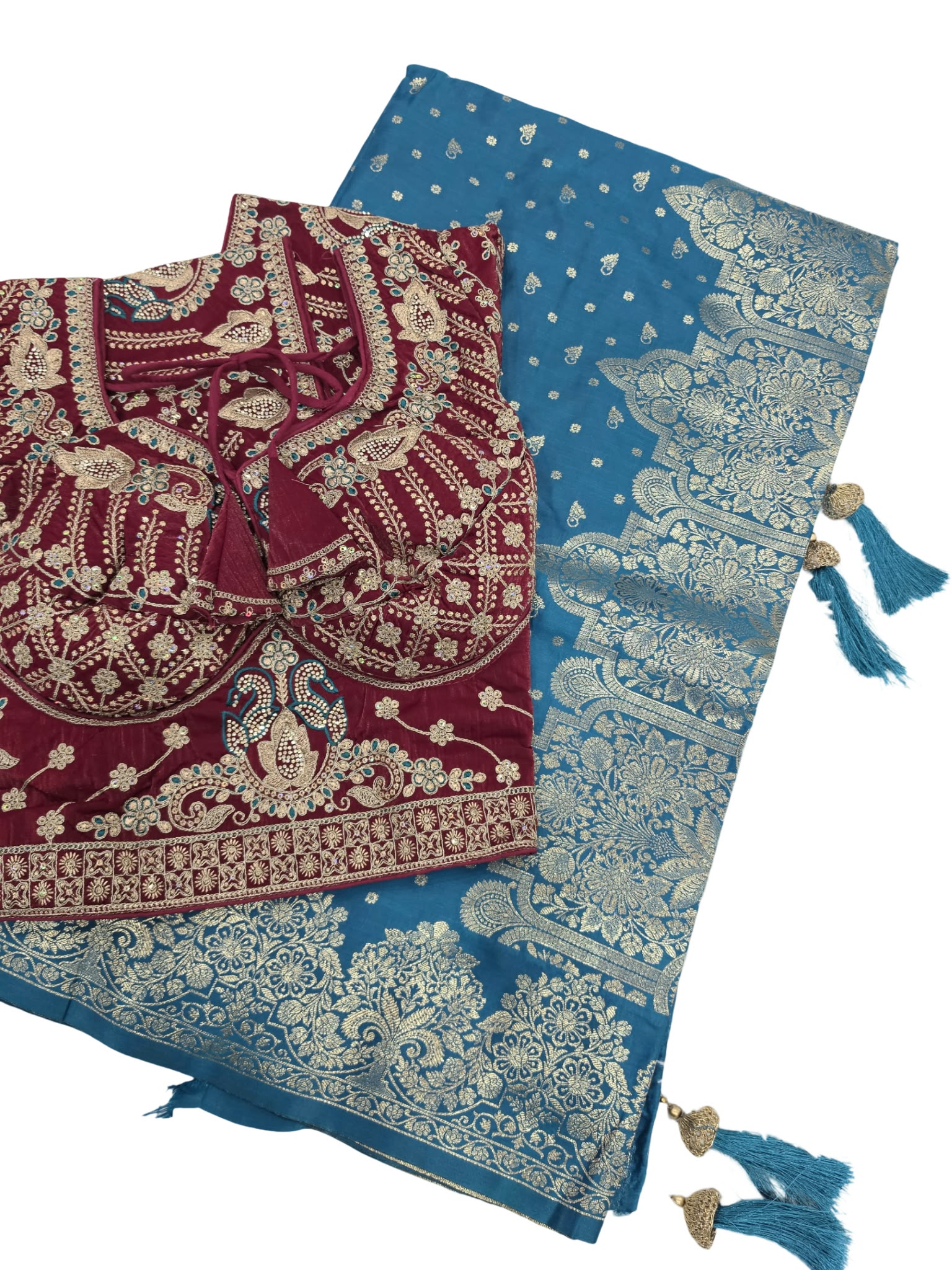 Banarasi Silk Saree with Heavy Embroidered Stitched Blouse Wedding Party Wear - Image 5