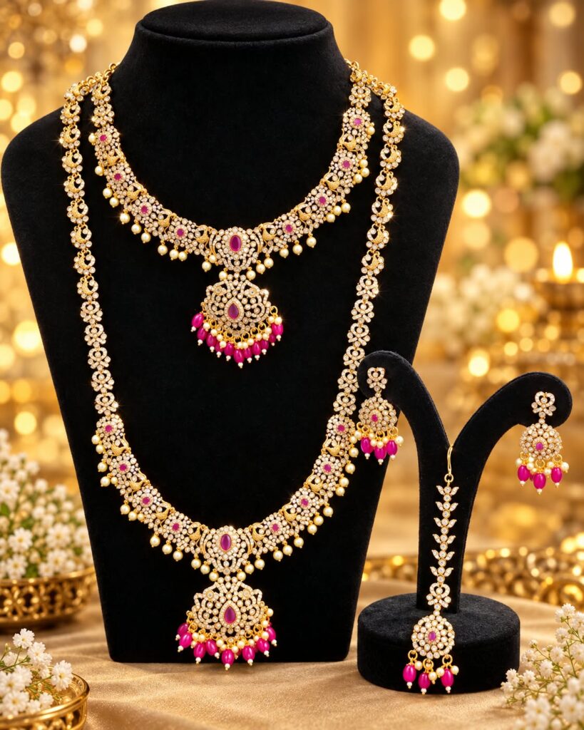 Antique Gold Finish AD Stone Semi Bridal Jewellery Set Haram Necklace Earrings
