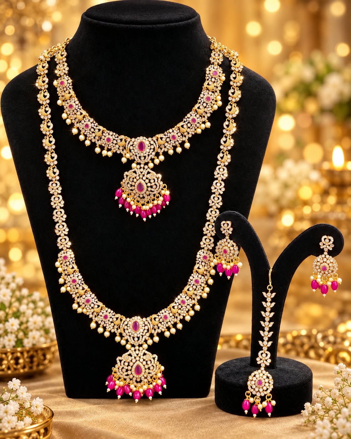 Antique Gold Finish AD Stone Semi Bridal Jewellery Set Haram Necklace Earrings - Image 2