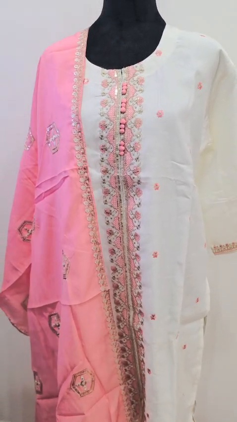White & Pink 3 Piece Indian Salwar Suit Embroidered Kurta Dupatta Ethnic Wear - Image 4
