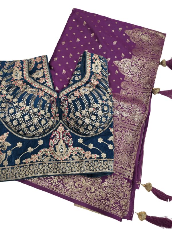 Banarasi Silk Saree with Heavy Embroidered Stitched Blouse Wedding Party Wear - Image 4