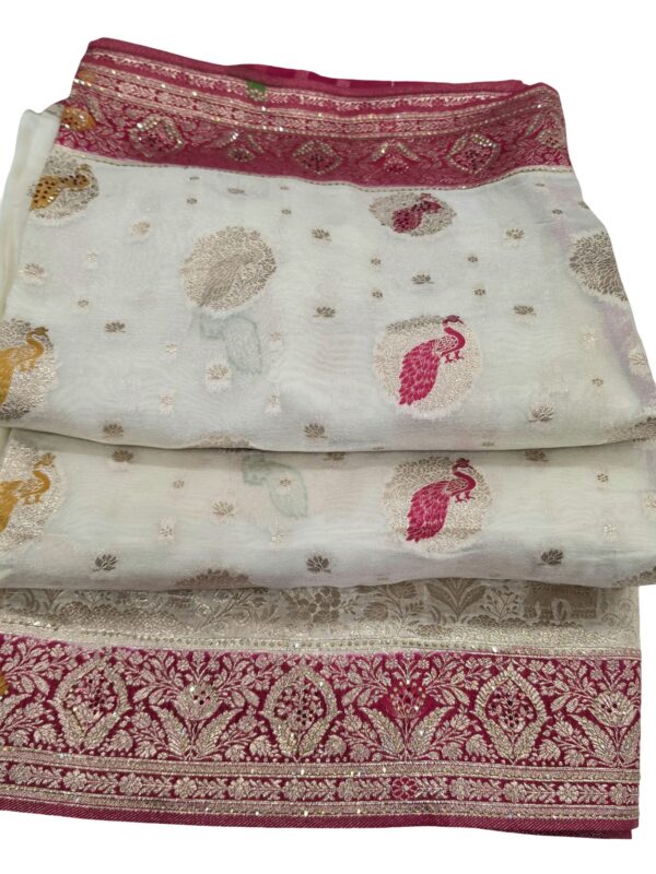 Fendy Jharkhan Saree Cream Magenta Zari Border Peacock Design Wedding Party Wear - Image 3