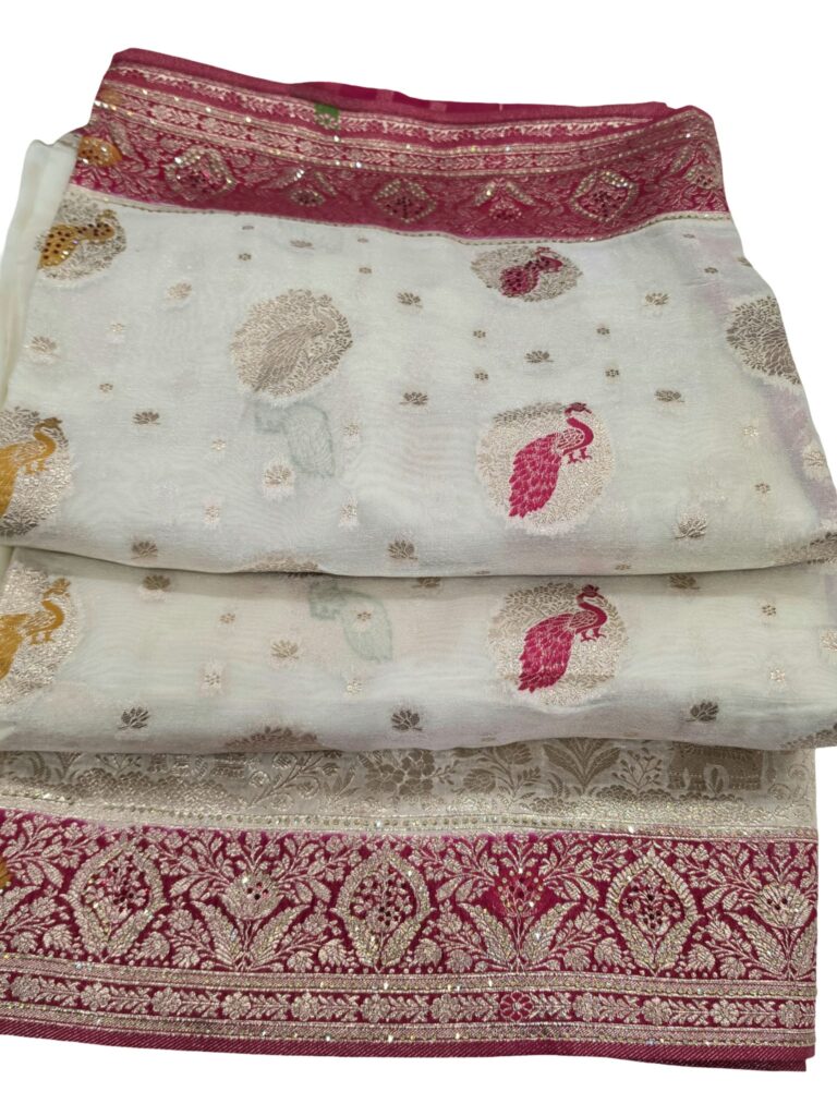 Fendy Jharkhan Saree Cream Magenta Zari Border Peacock Design Wedding Party Wear