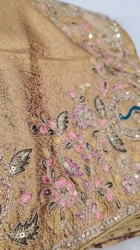 Designer Tissue Silk Saree Peacock Embroidery Sequin Work Wedding Party Wear - Image 9