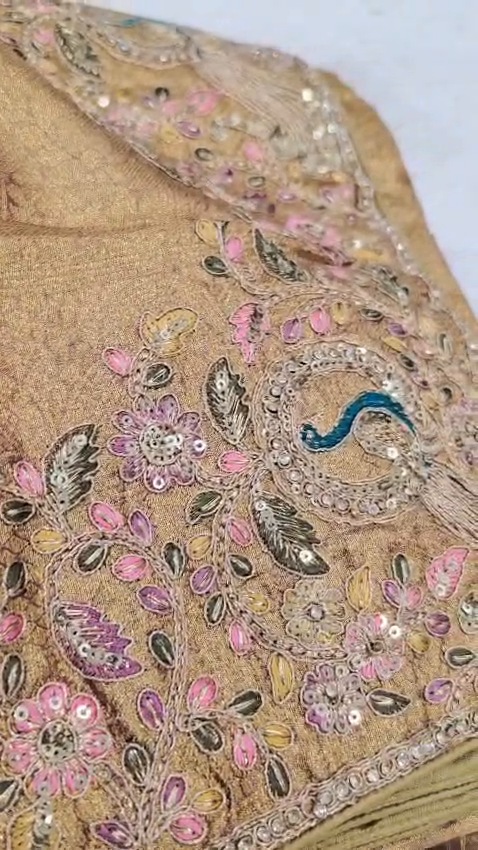Designer Tissue Silk Saree Peacock Embroidery Sequin Work Wedding Party Wear - Image 6