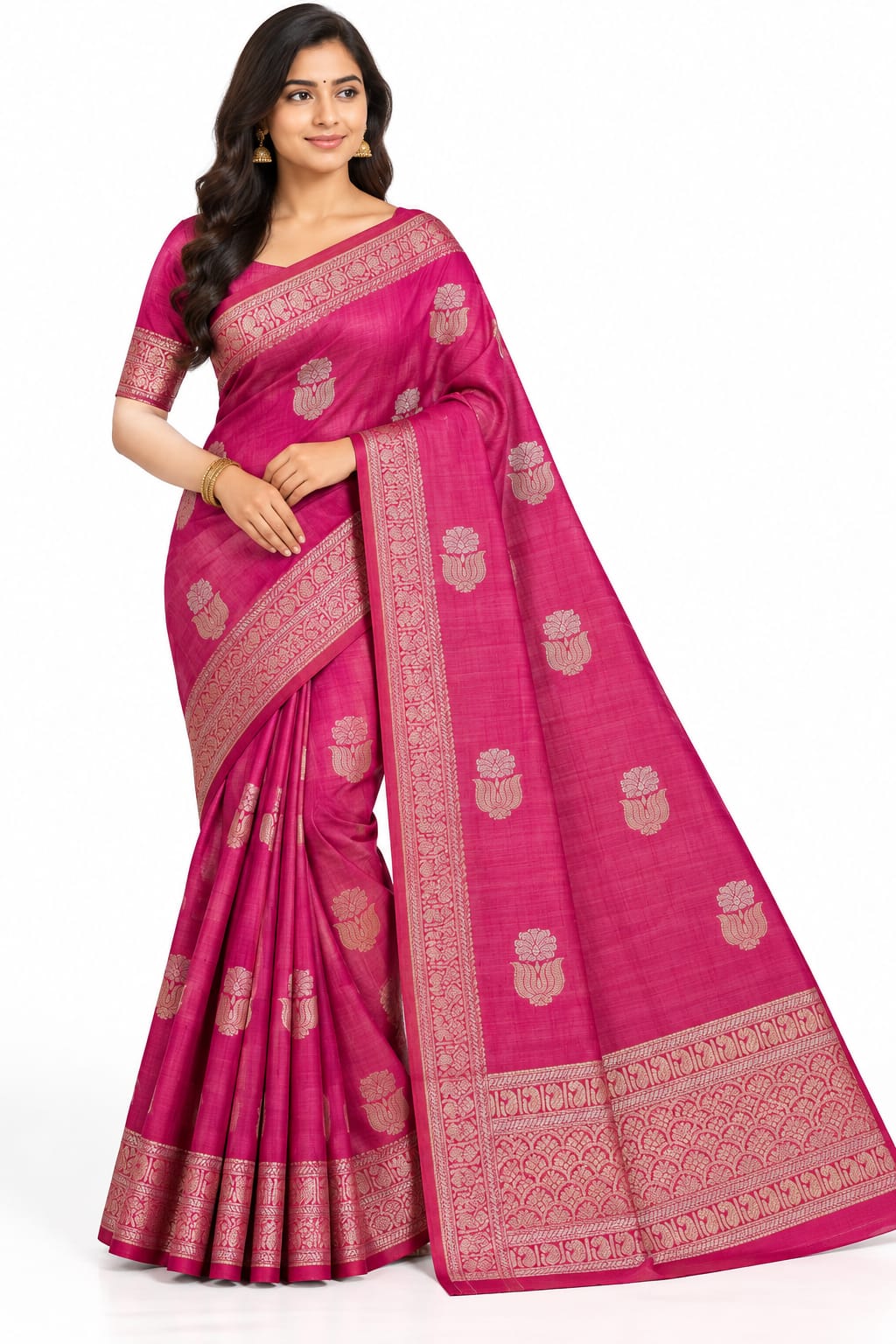 Tussar Silk Saree with Zari Woven Border Floral Butta Indian Traditional Sari - Image 1