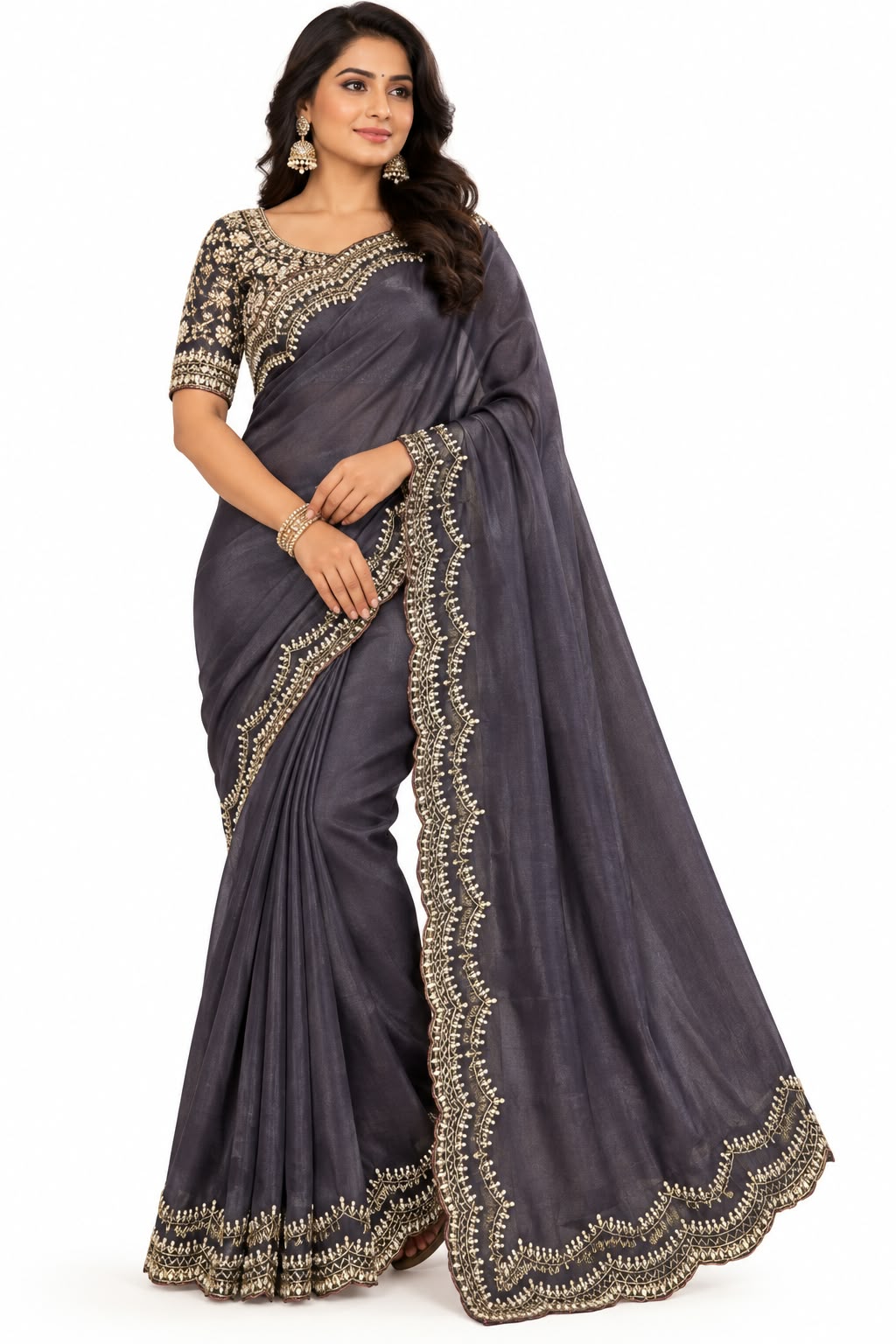 Designer Saree with Heavy Embroidery Work & Matching Blouse Wedding Party Wear - Image 1