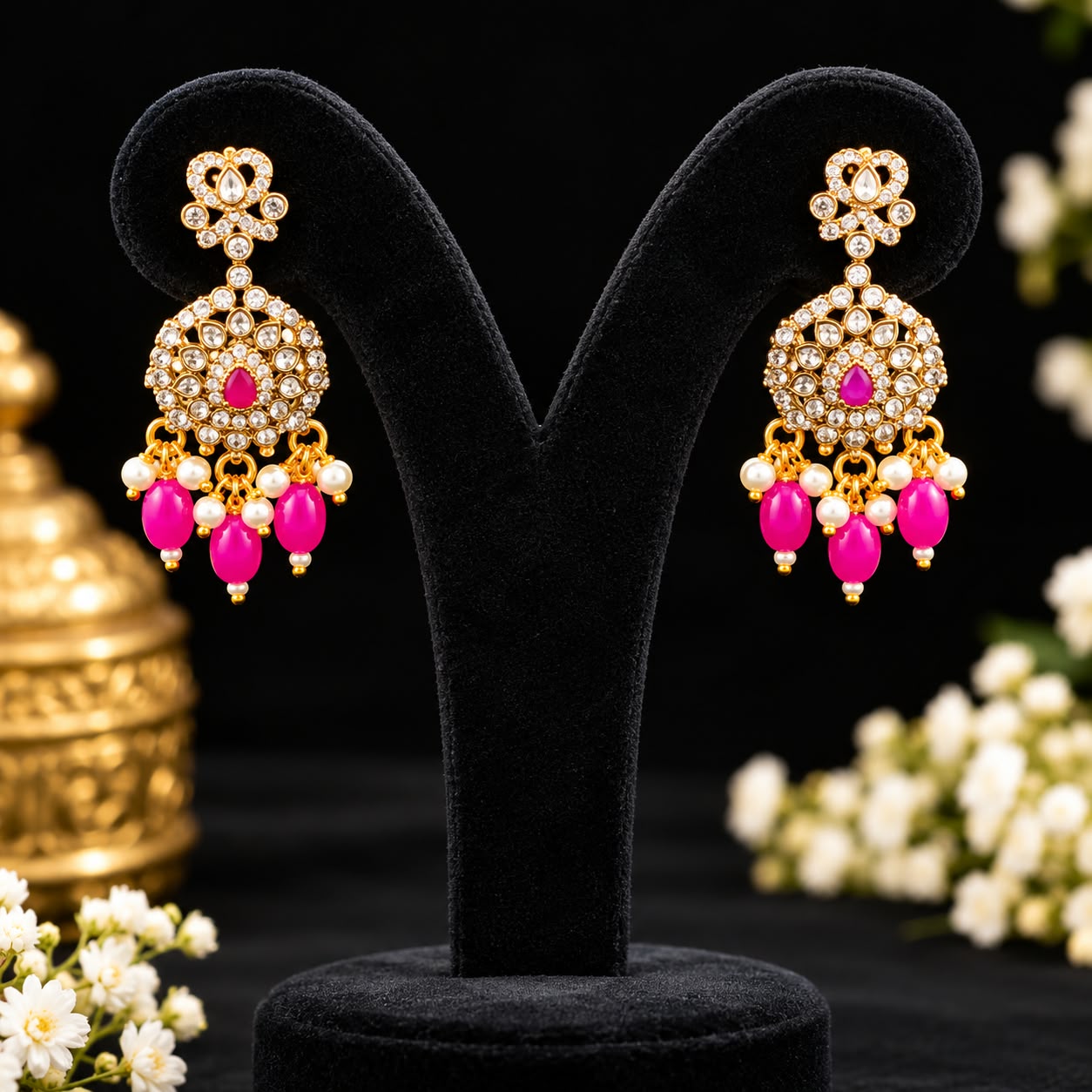 Antique Gold Finish AD Stone Semi Bridal Jewellery Set Haram Necklace Earrings - Image 4