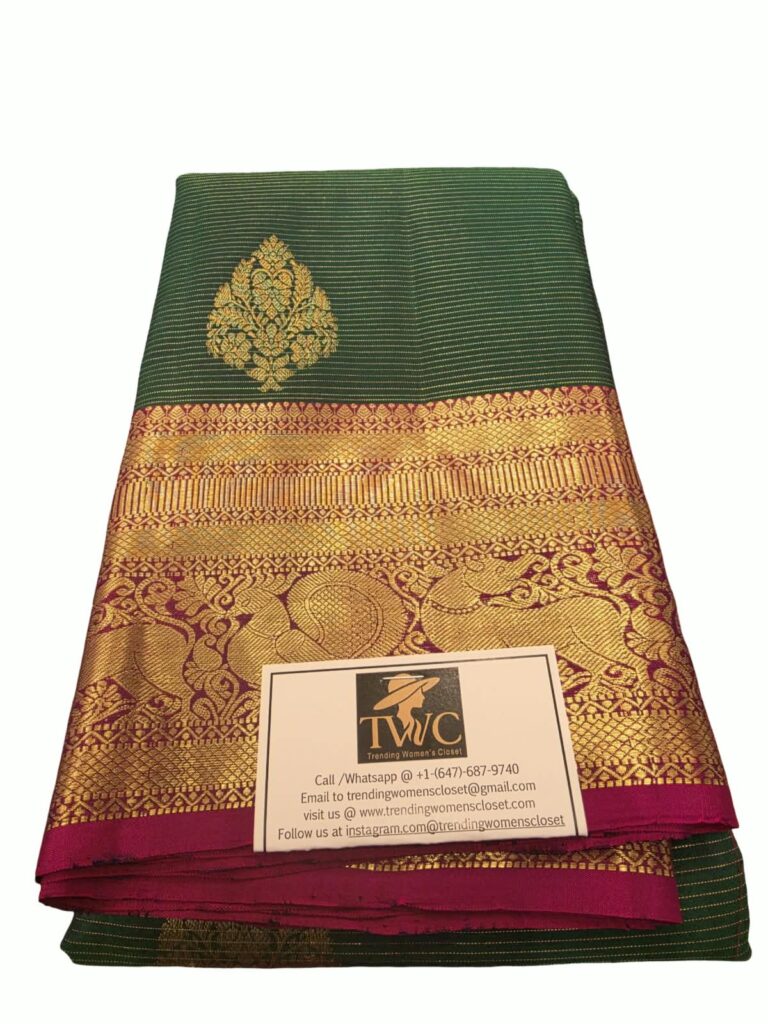 Pure Silk Kanchipuram Saree Green Maroon Gold Zari Peacock Border Wedding
