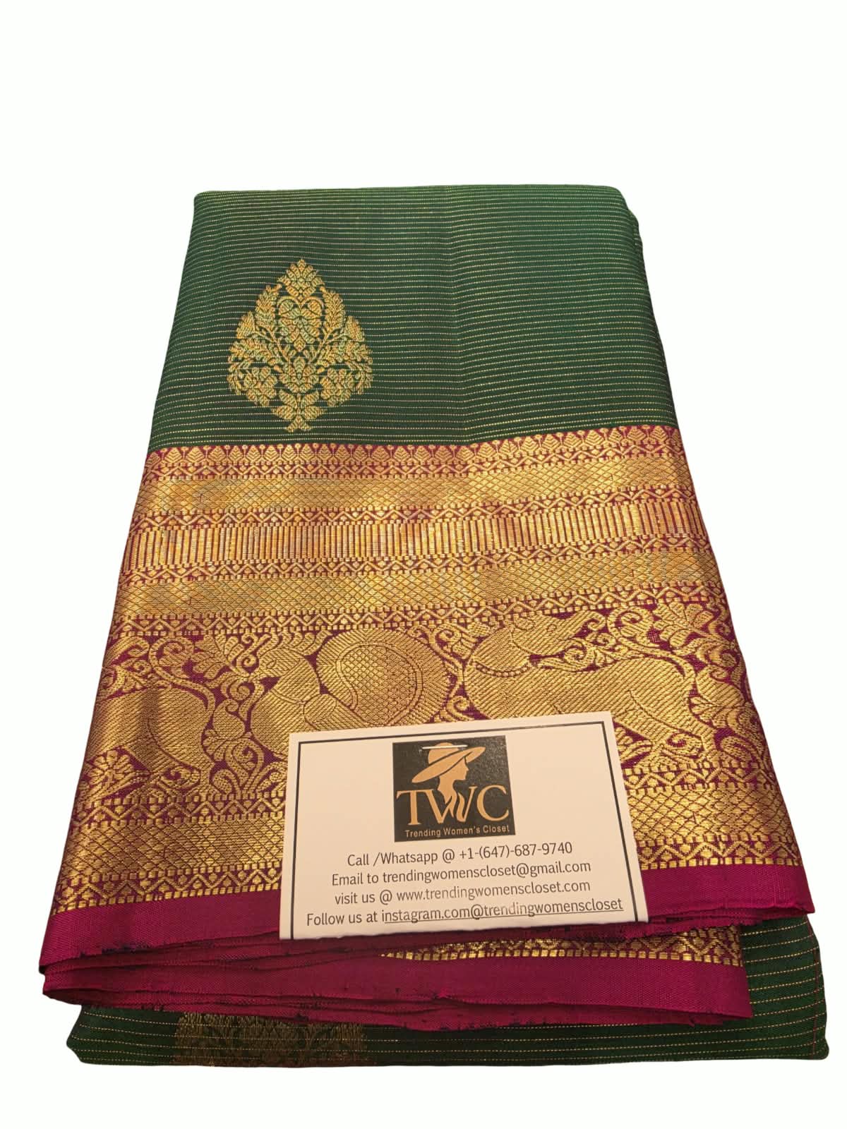 Pure Silk Kanchipuram Saree Green Maroon Gold Zari Peacock Border Wedding - Image 1