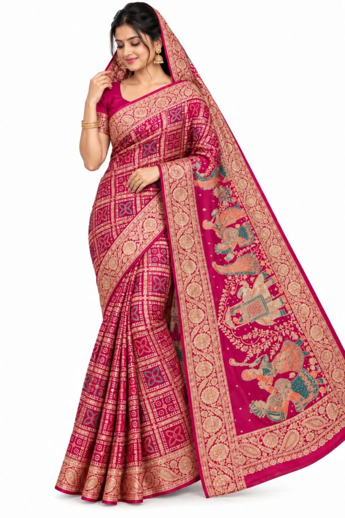 Deep Pink Banarasi Saree with Dupatta Gold Zari Look Elephant & Floral Design