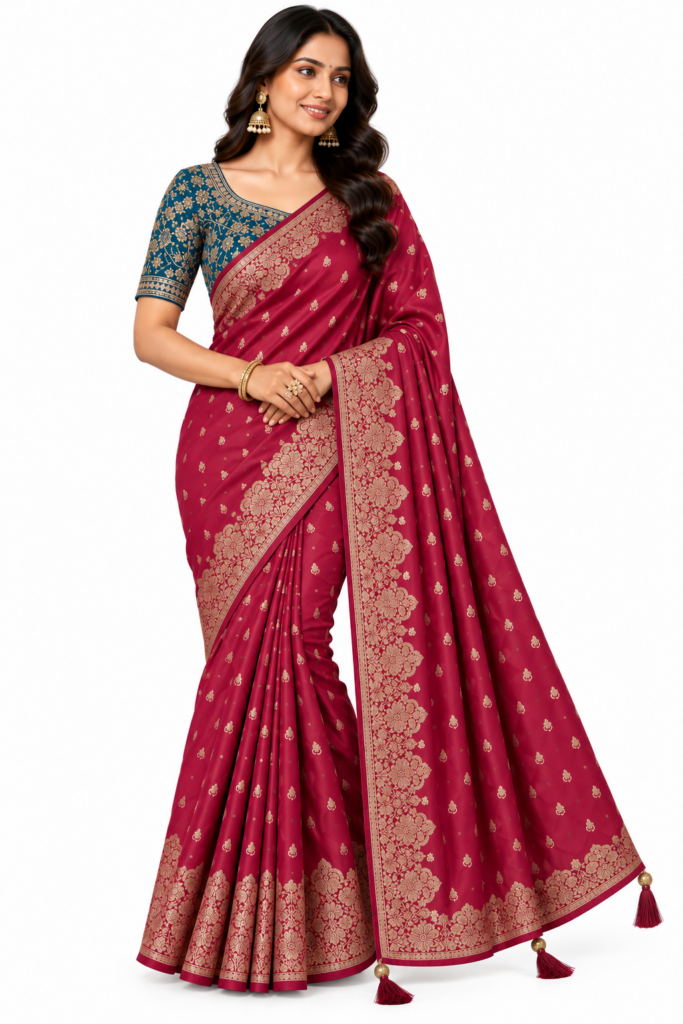 Banarasi Silk Saree with Heavy Embroidered Stitched Blouse Wedding Party Wear