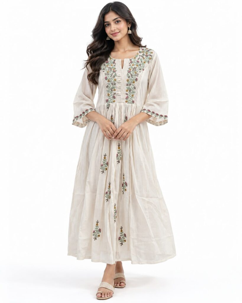 Cream Mulchanderi Indian Ethnic Traditional Women's Dress Festive Party Wear
