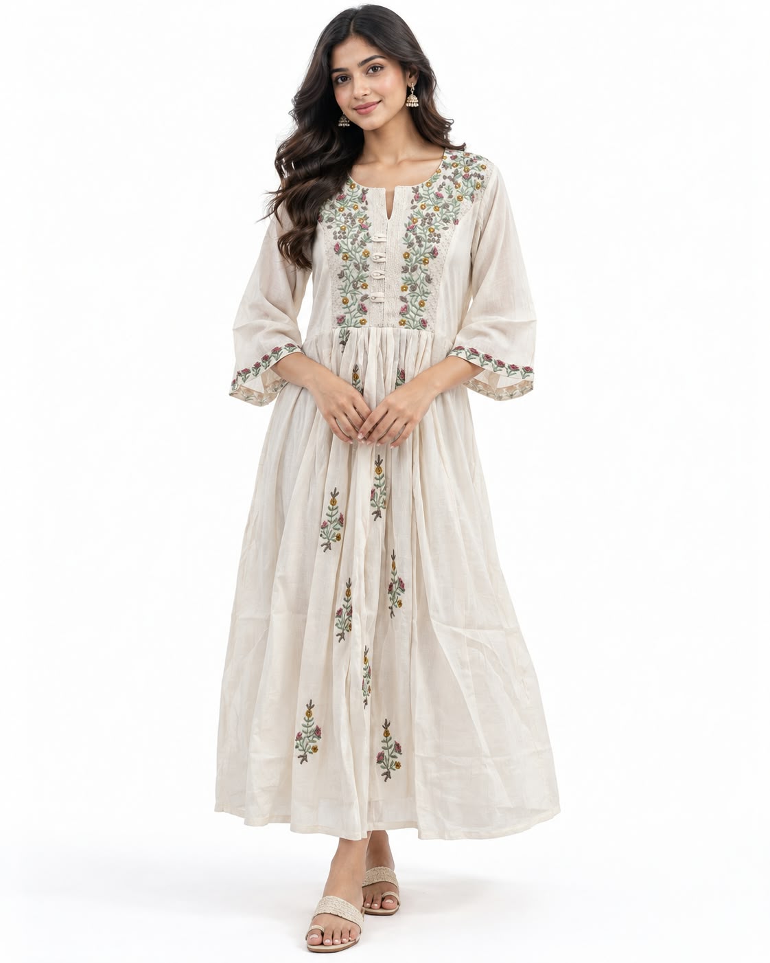 Cream Mulchanderi Indian Ethnic Traditional Women's Dress Festive Party Wear - Image 1