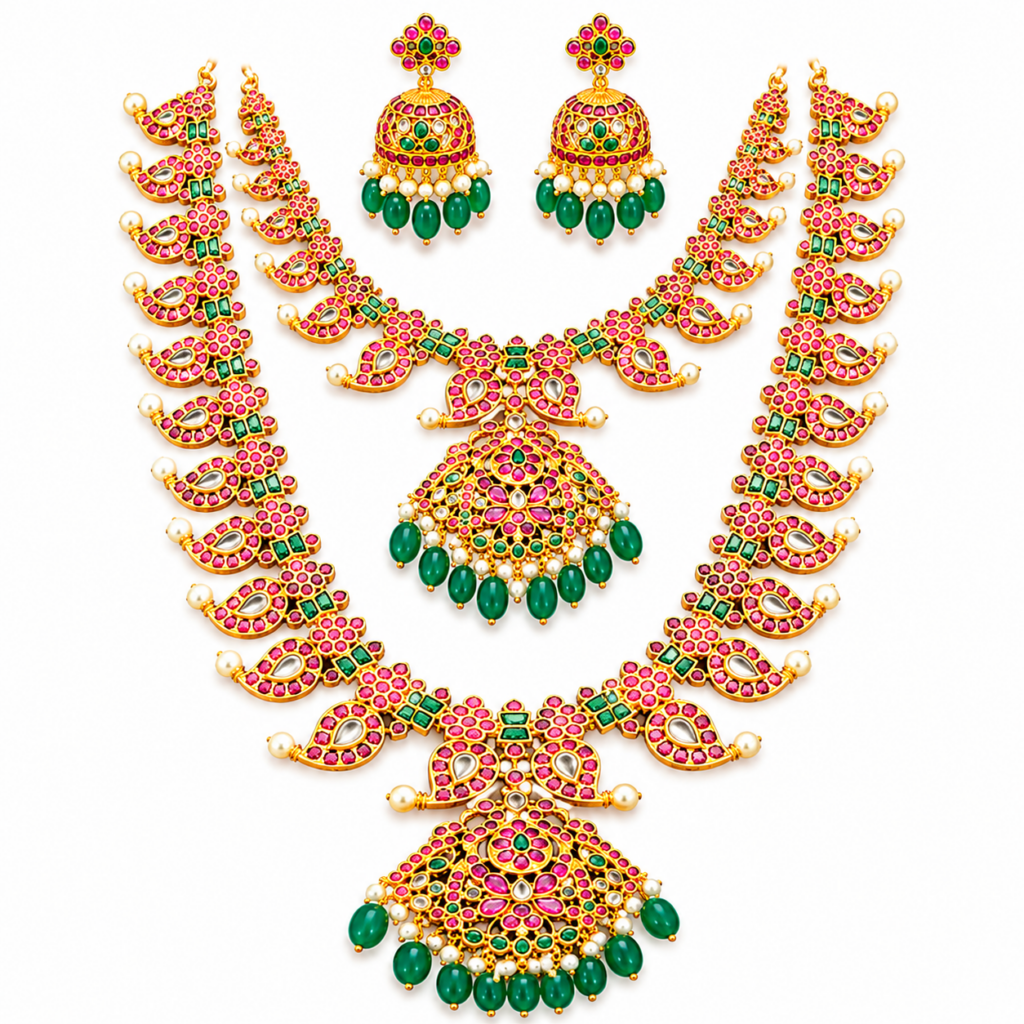 Traditional Kundan Haram Necklace Jhumka Set Ruby Green Gold Tone Bridal Jewelry