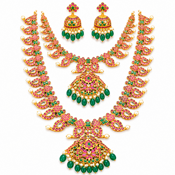 Traditional Kundan Haram Necklace Jhumka Set Ruby Green Gold Tone Bridal Jewelry - Image 5