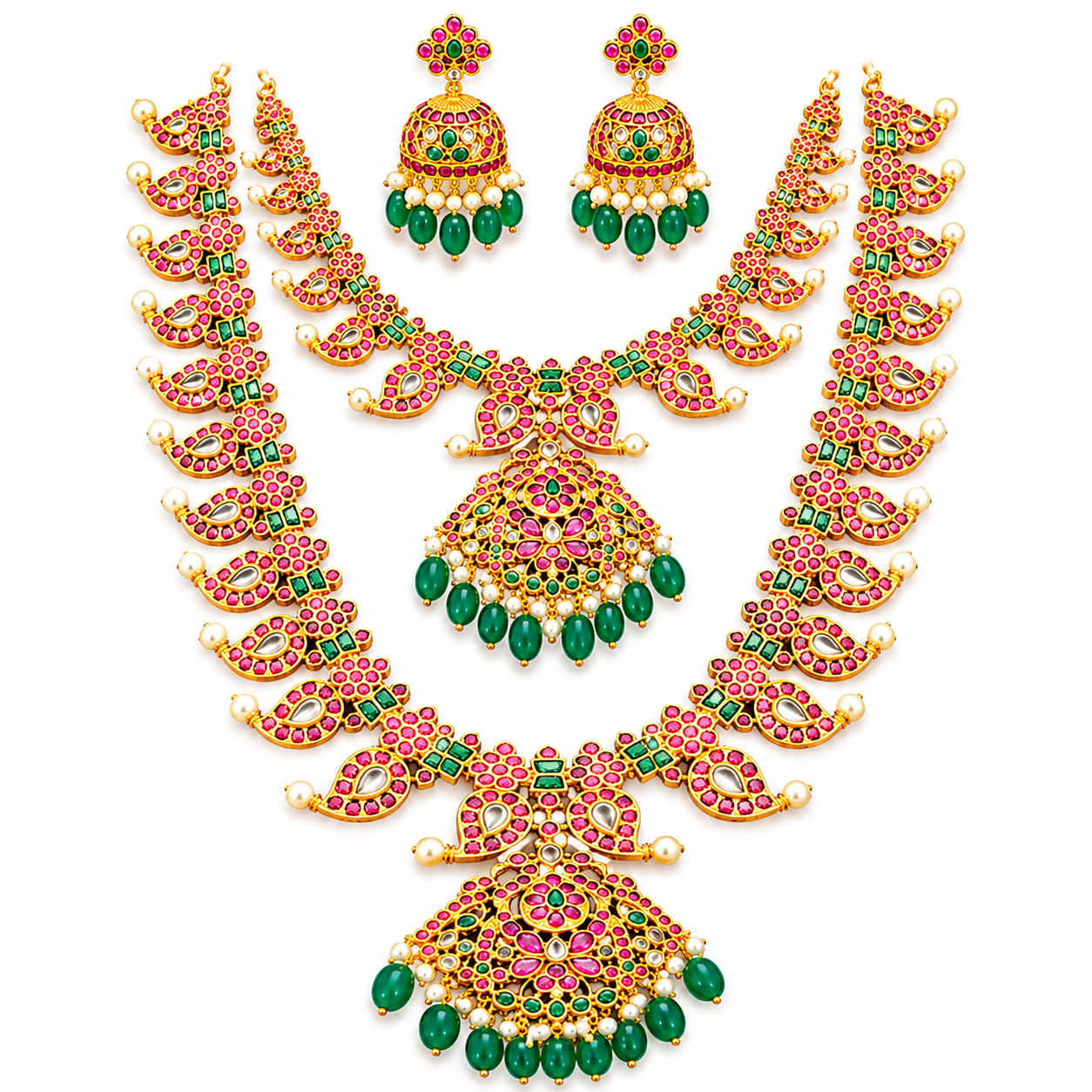 Traditional Kundan Haram Necklace Jhumka Set Ruby Green Gold Tone Bridal Jewelry - Image 5