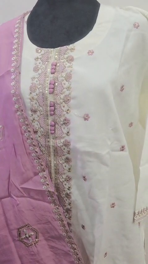 Cream Embroidered 3 Piece Salwar Suit with Purple Dupatta Indian Ethnic Wear - Image 6