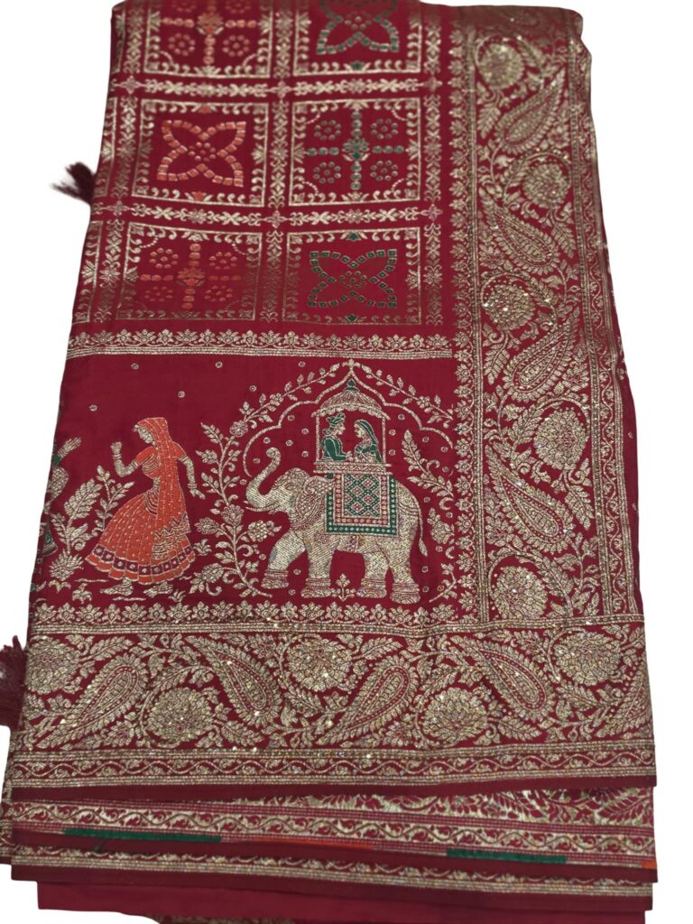 Deep Red Designer Saree with Dupatta Gold Zari Elephant Traditional Wedding Wear