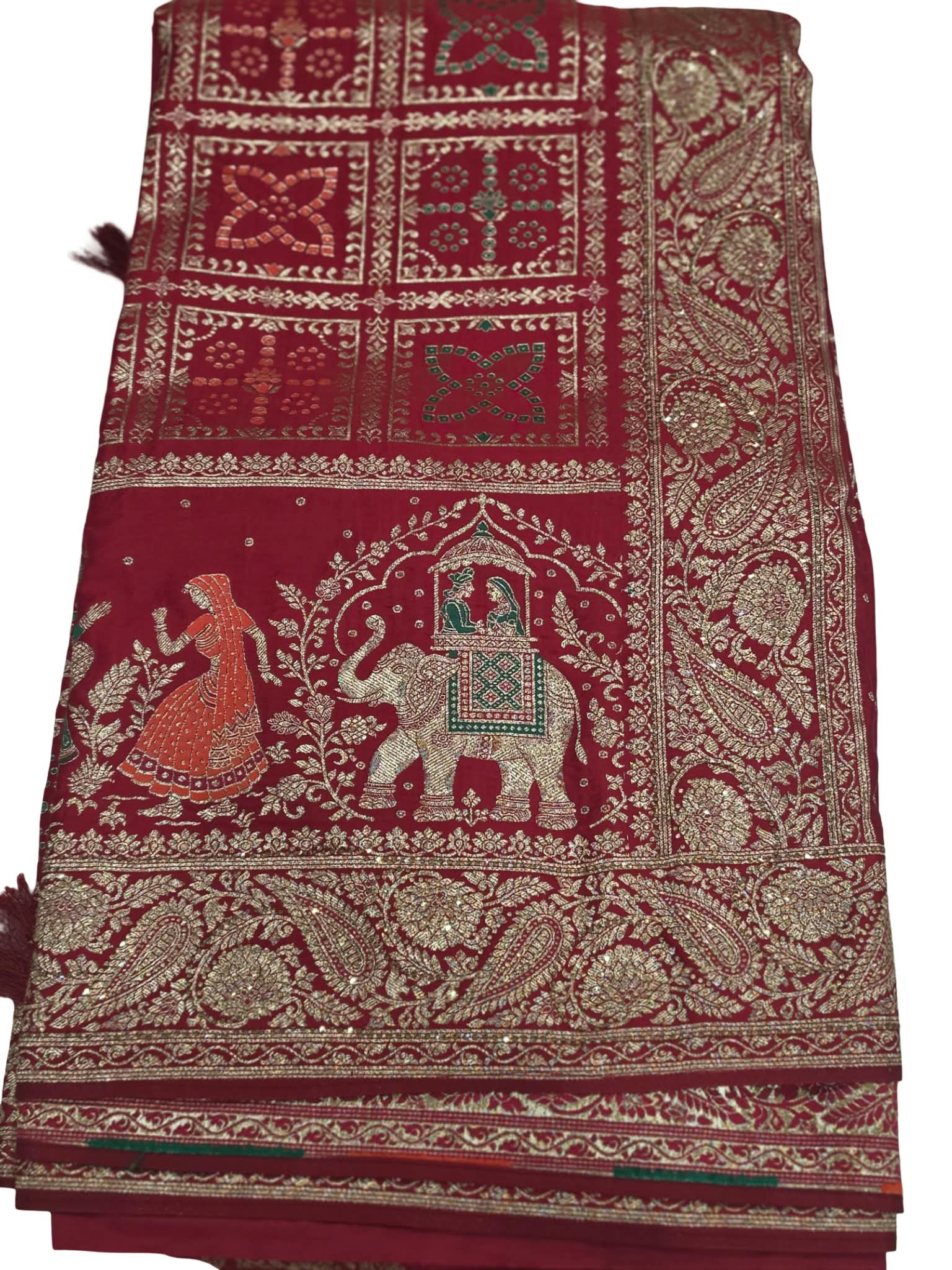 Deep Red Designer Saree with Dupatta Gold Zari Elephant Traditional Wedding Wear - Image 2