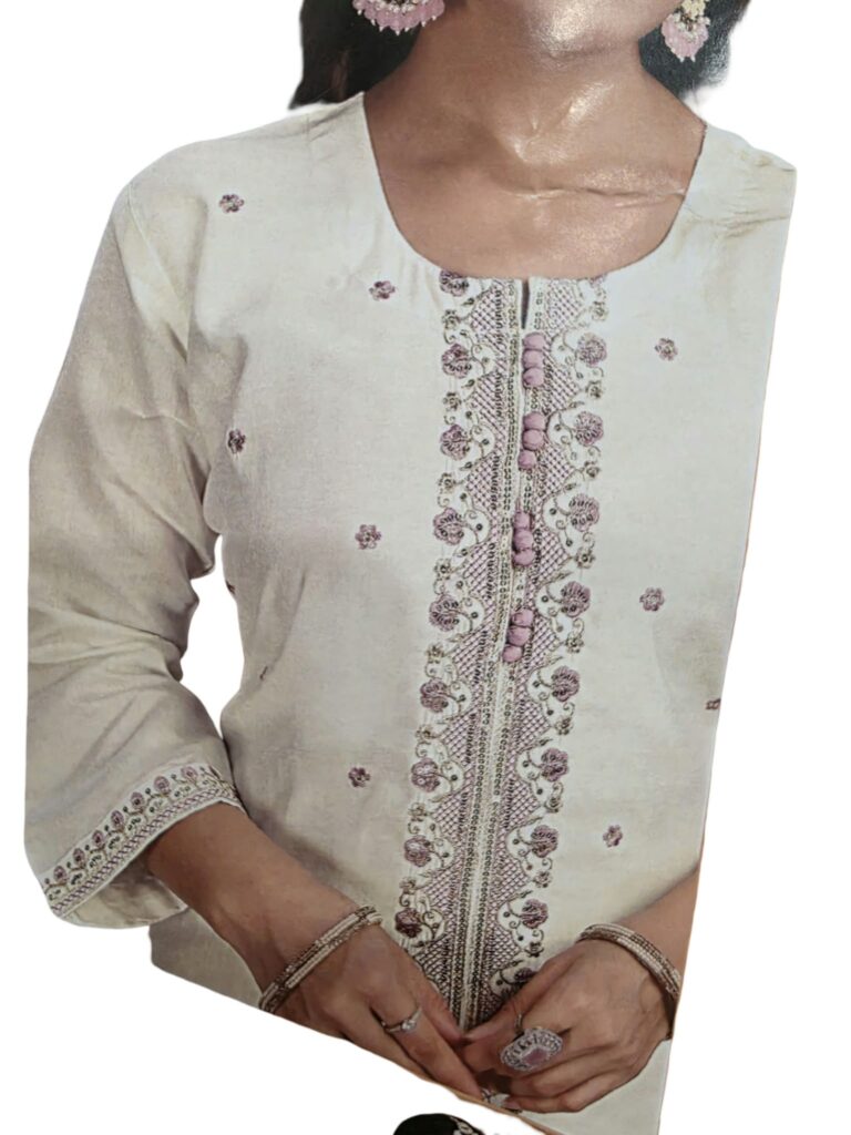 Cream Embroidered 3 Piece Salwar Suit with Purple Dupatta Indian Ethnic Wear