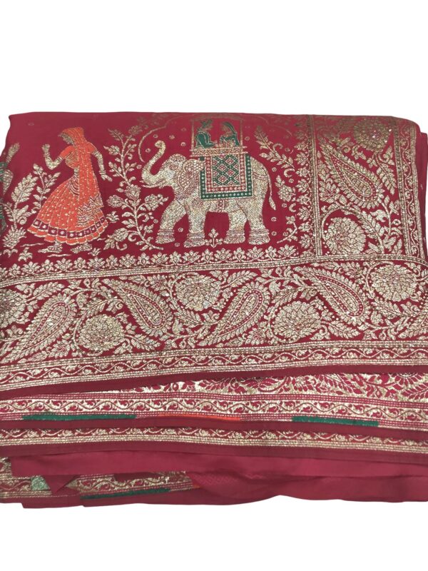 Deep Red Designer Saree with Dupatta Gold Zari Elephant Traditional Wedding Wear - Image 3