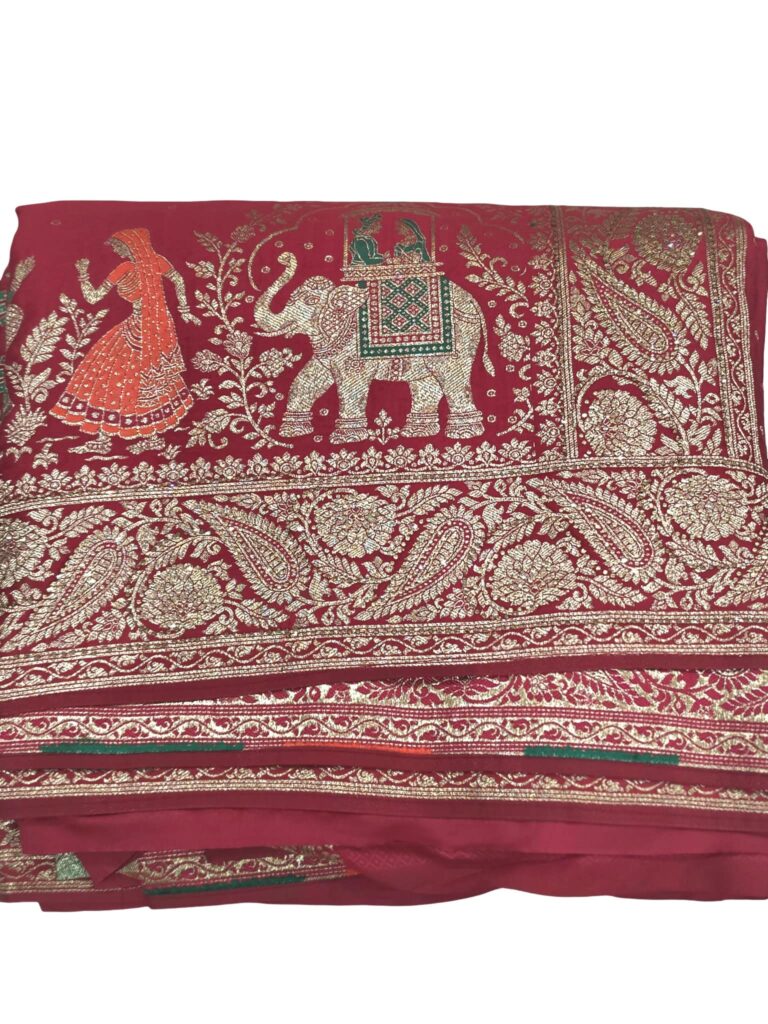 Deep Red Designer Saree with Dupatta Gold Zari Elephant Traditional Wedding Wear