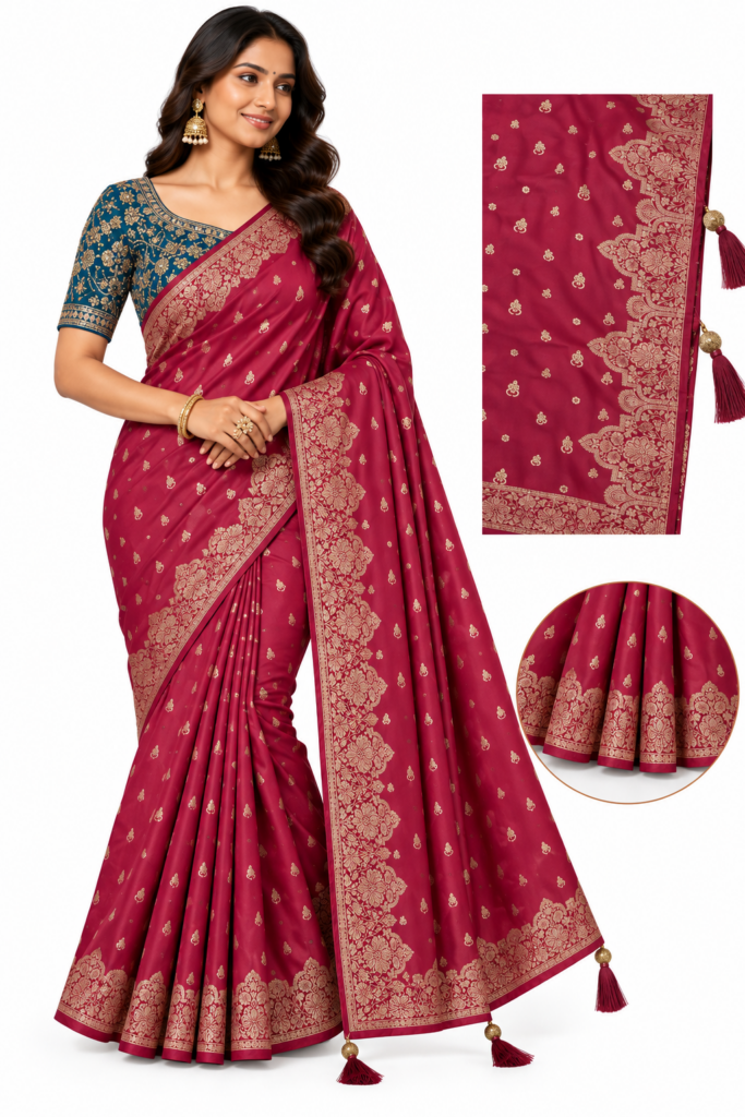 Banarasi Silk Saree with Heavy Embroidered Stitched Blouse Wedding Party Wear