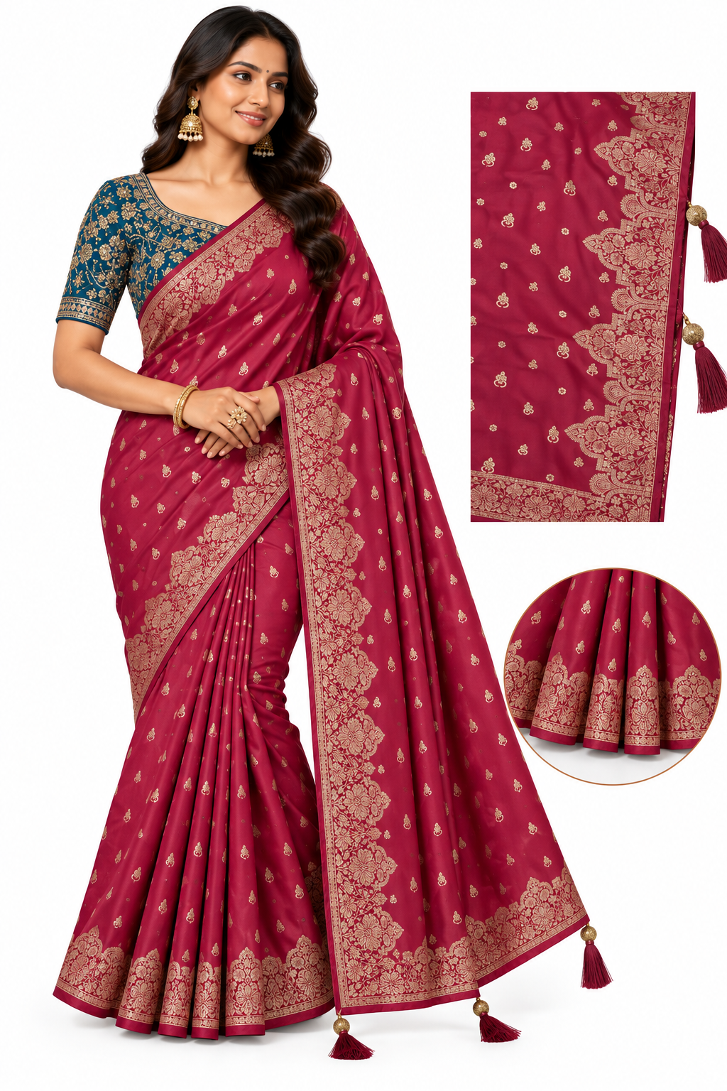 Banarasi Silk Saree with Heavy Embroidered Stitched Blouse Wedding Party Wear - Image 6