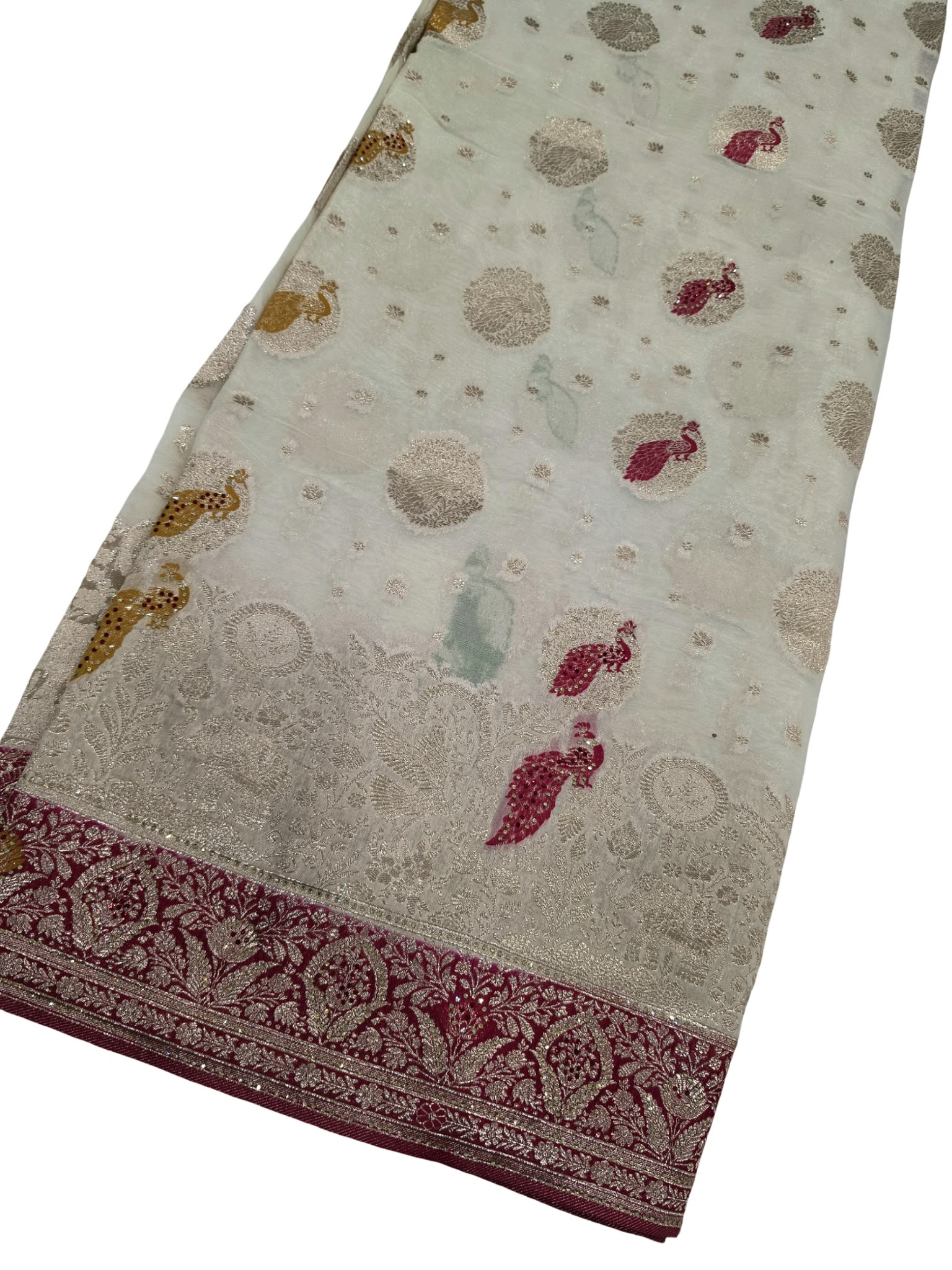 Fendy Jharkhan Saree Cream Magenta Zari Border Peacock Design Wedding Party Wear - Image 5