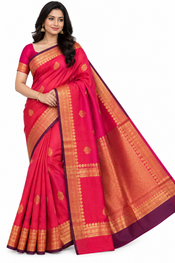 Pure Silk Kanchipuram Saree Pink Gold Zari Border Butta Indian Wedding Sari - Image 1