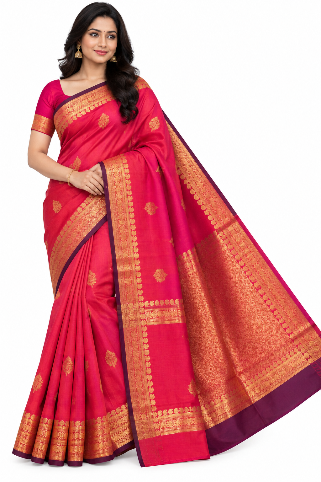 Pure Silk Kanchipuram Saree Pink Gold Zari Border Butta Indian Wedding Sari - Image 1