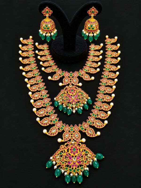 Traditional Kundan Haram Necklace Jhumka Set Ruby Green Gold Tone Bridal Jewelry - Image 3