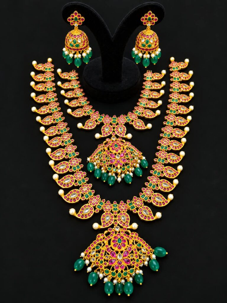 Traditional Kundan Haram Necklace Jhumka Set Ruby Green Gold Tone Bridal Jewelry
