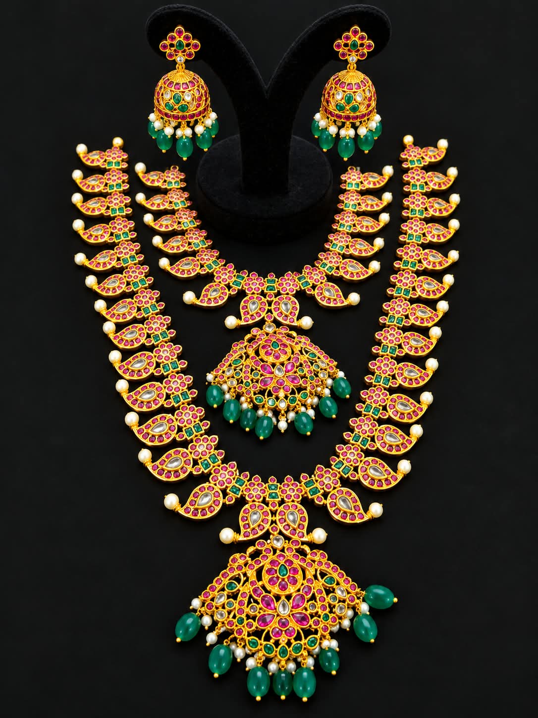 Traditional Kundan Haram Necklace Jhumka Set Ruby Green Gold Tone Bridal Jewelry - Image 3