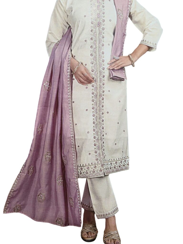 Cream Embroidered 3 Piece Salwar Suit with Purple Dupatta Indian Ethnic Wear