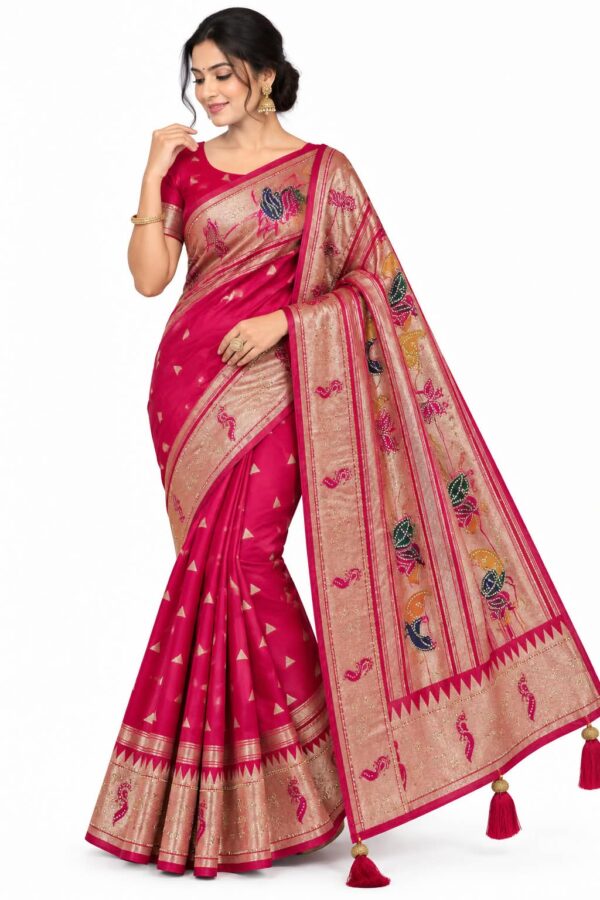 Rich Banarasi Designer Saree with Dupatta Rani Pink Gold Zari Peacock Party Wear - Image 1