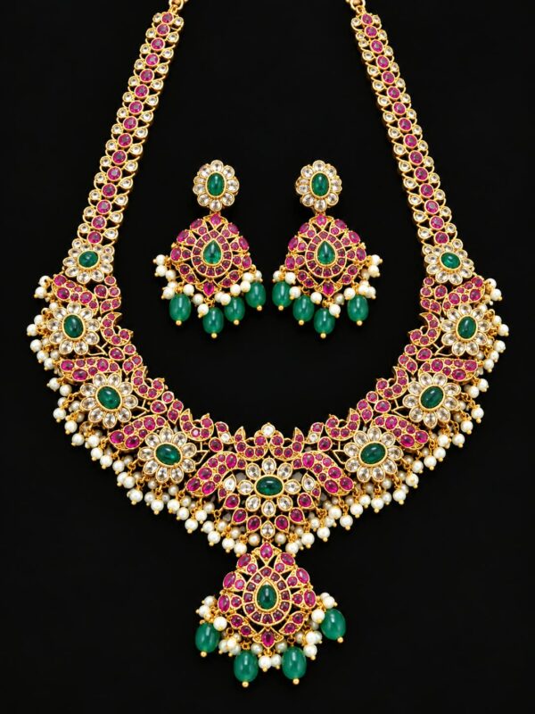 Kundan Long Haram Necklace Earrings Set Ruby Green Stones Gold Tone Bridal - Image 2