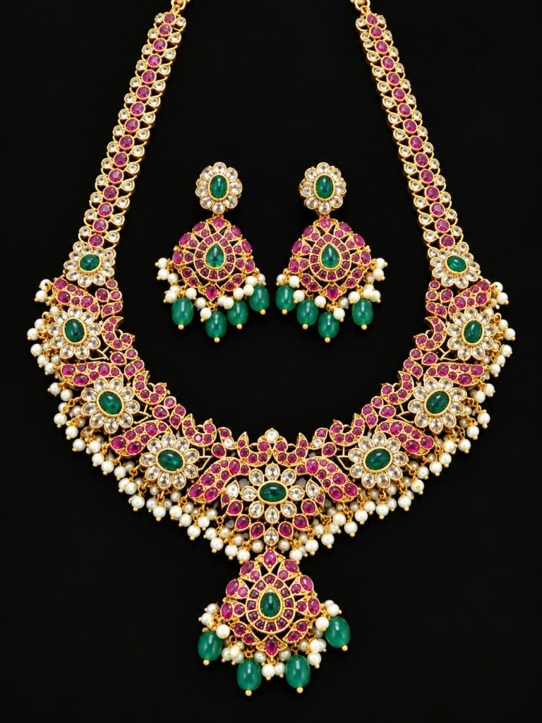 Kundan Long Haram Necklace Earrings Set Ruby Green Stones Gold Tone Bridal
