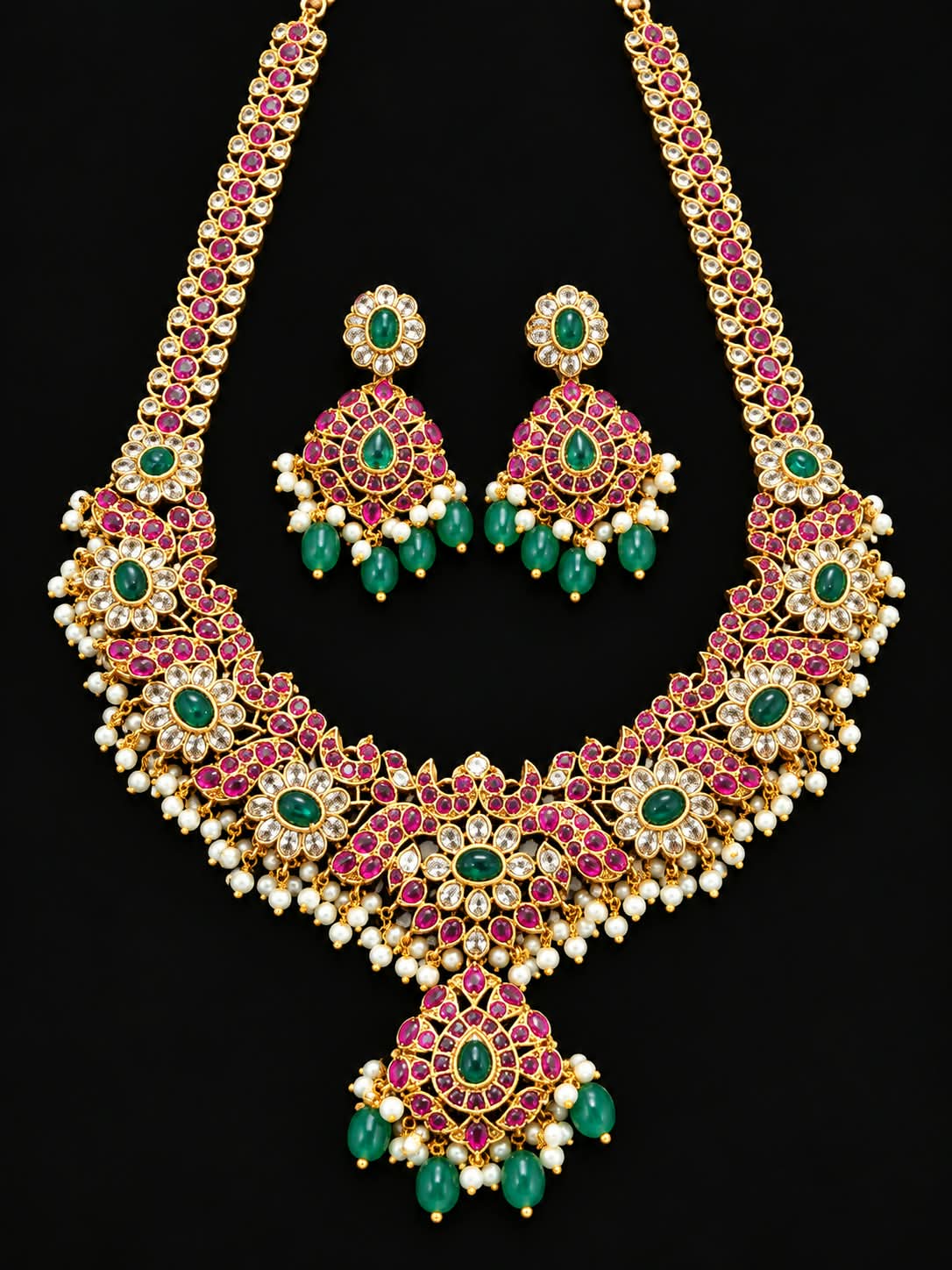 Kundan Long Haram Necklace Earrings Set Ruby Green Stones Gold Tone Bridal - Image 2